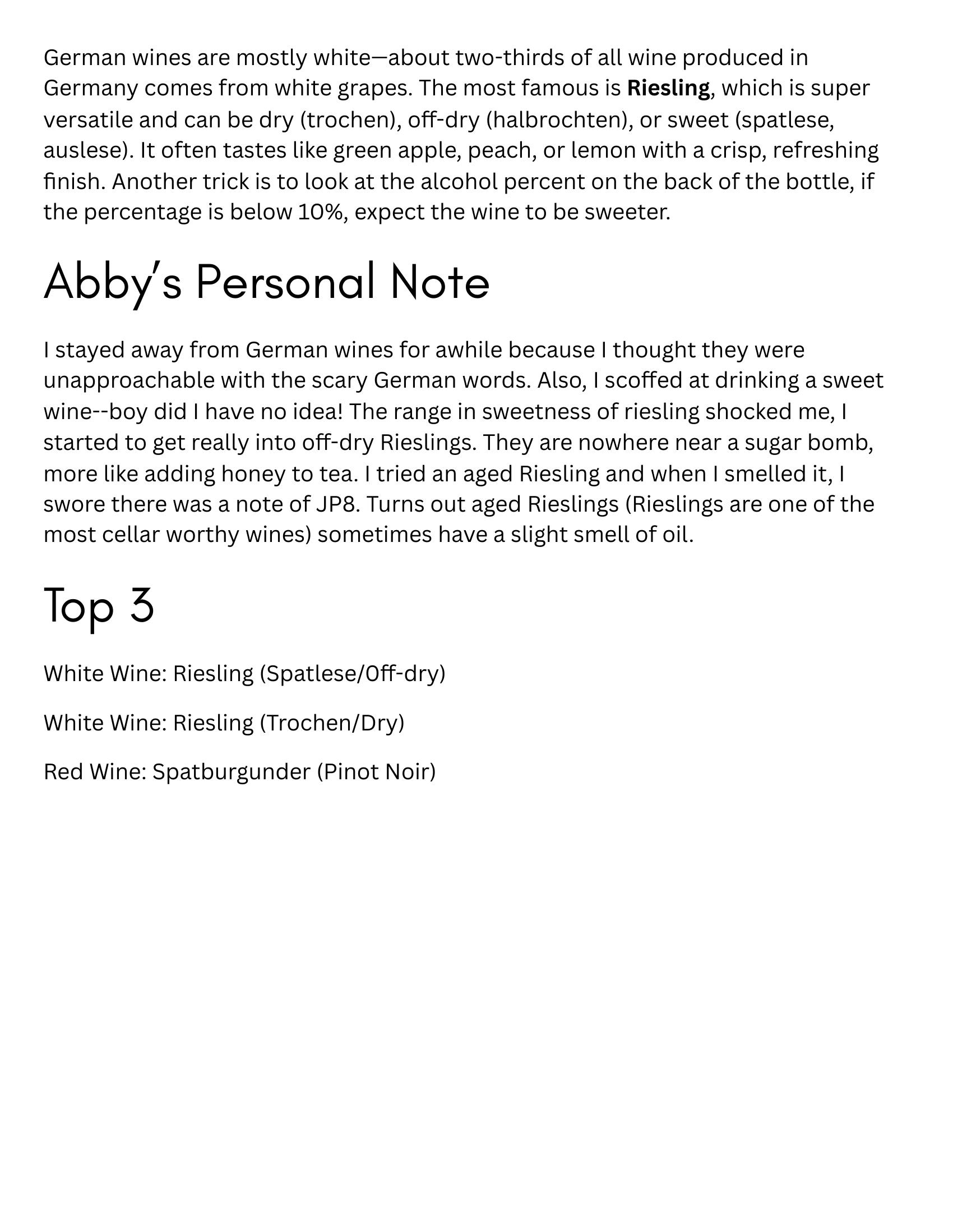 Slide describing German wine styles and sweetness cues.