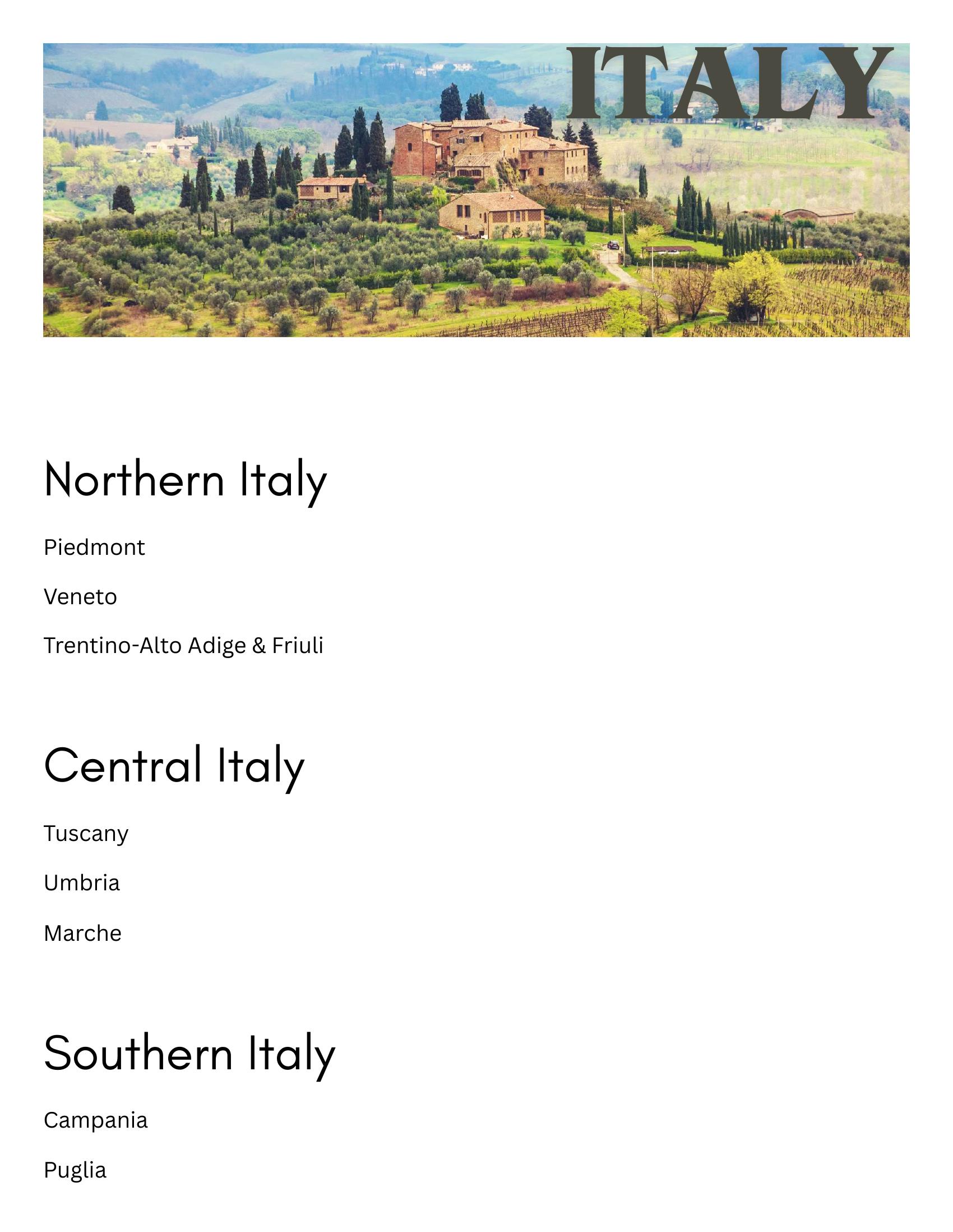 Index map highlighting Italian regions covered in the guide.