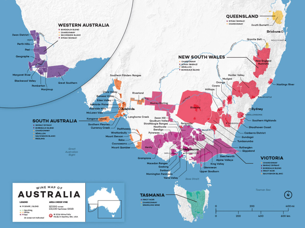 Map of Australian wine regions including Barossa Valley, Margaret River, Hunter Valley, Clare Valley, and Tasmania