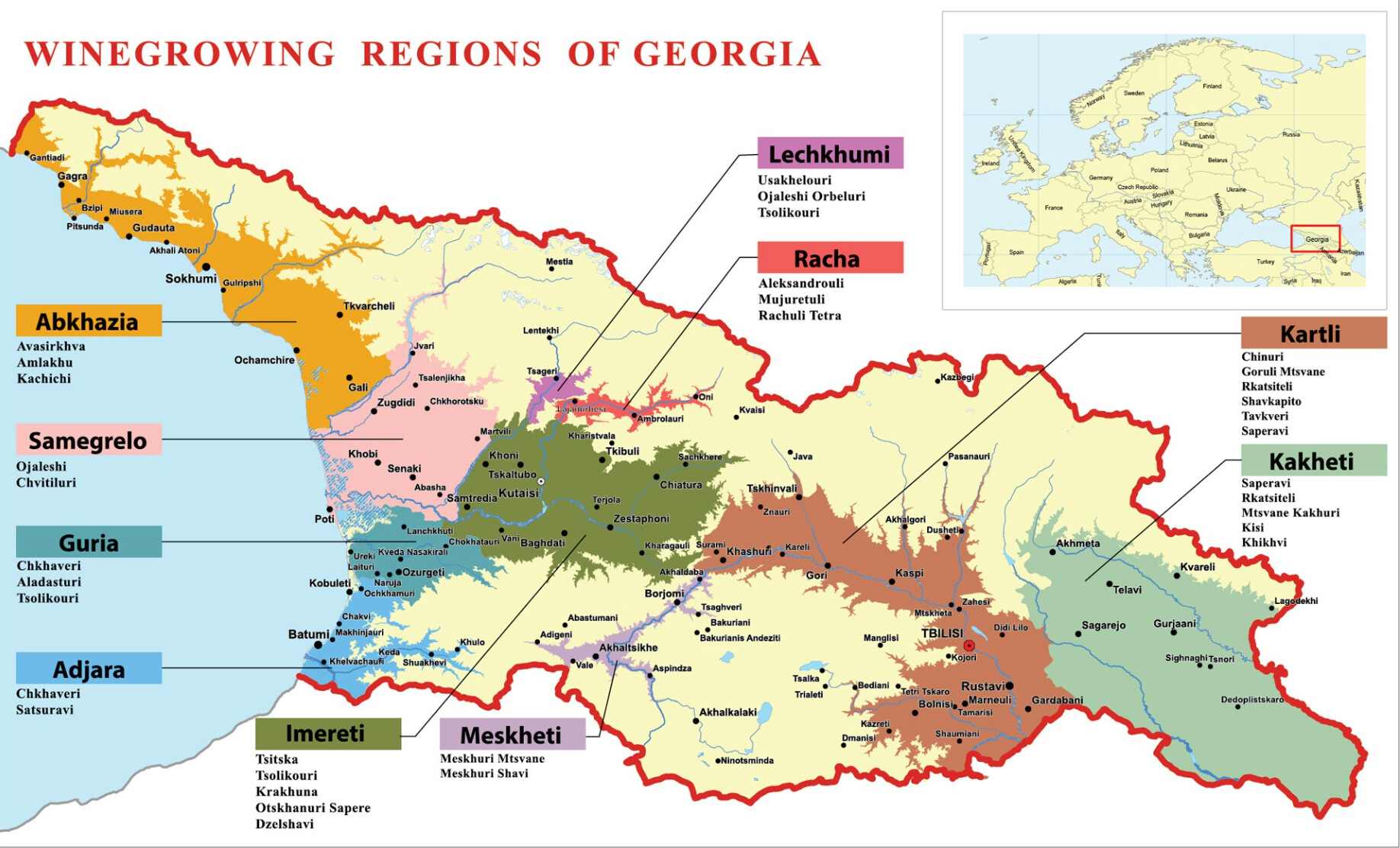 Map of Georgian wine regions including Kakheti, Kartli, Imereti, Samegrelo, Racha, and Lechkhumi