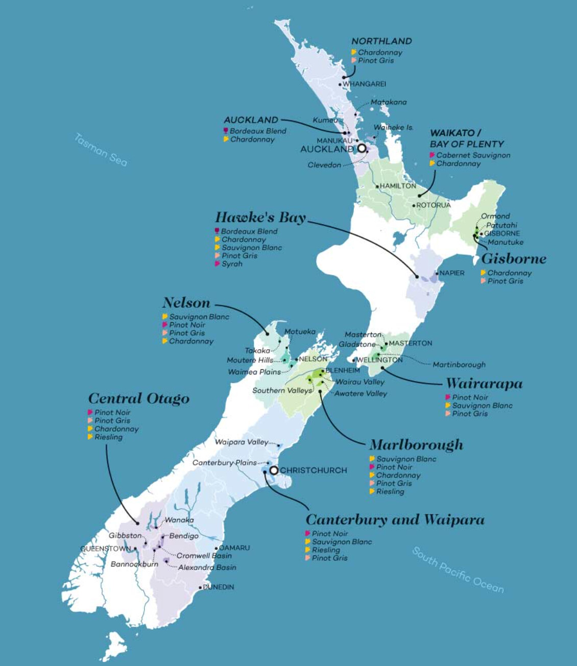 Map of New Zealand wine regions including Marlborough, Central Otago, Hawke's Bay, Nelson, Martinborough, and Wairarapa